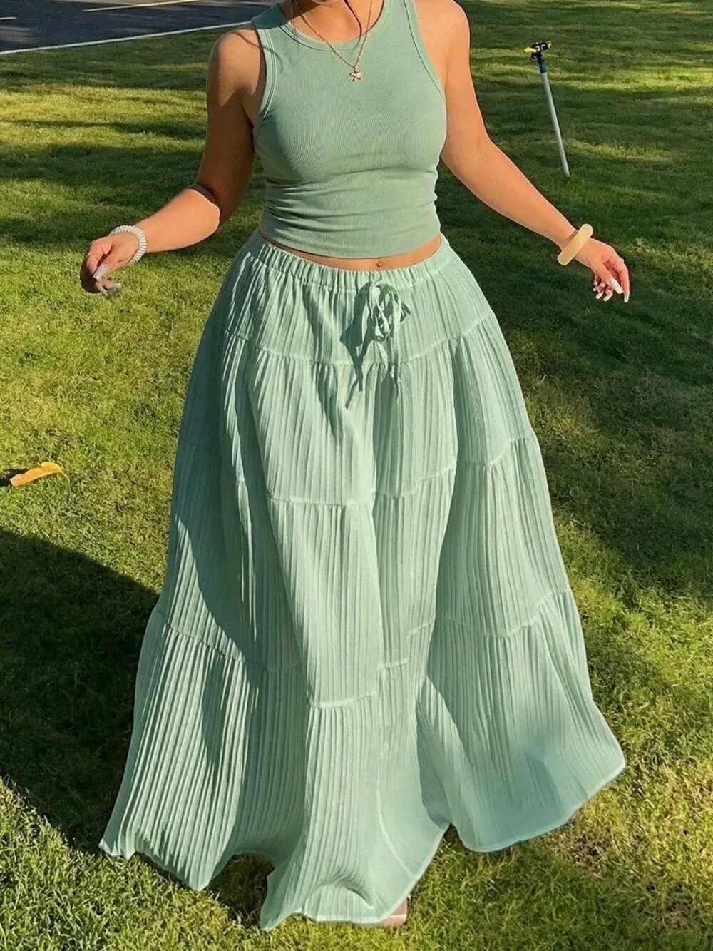 Mint Green Casual Women's Round Neck Tank Top And Midi Skirt Set, Plus Size